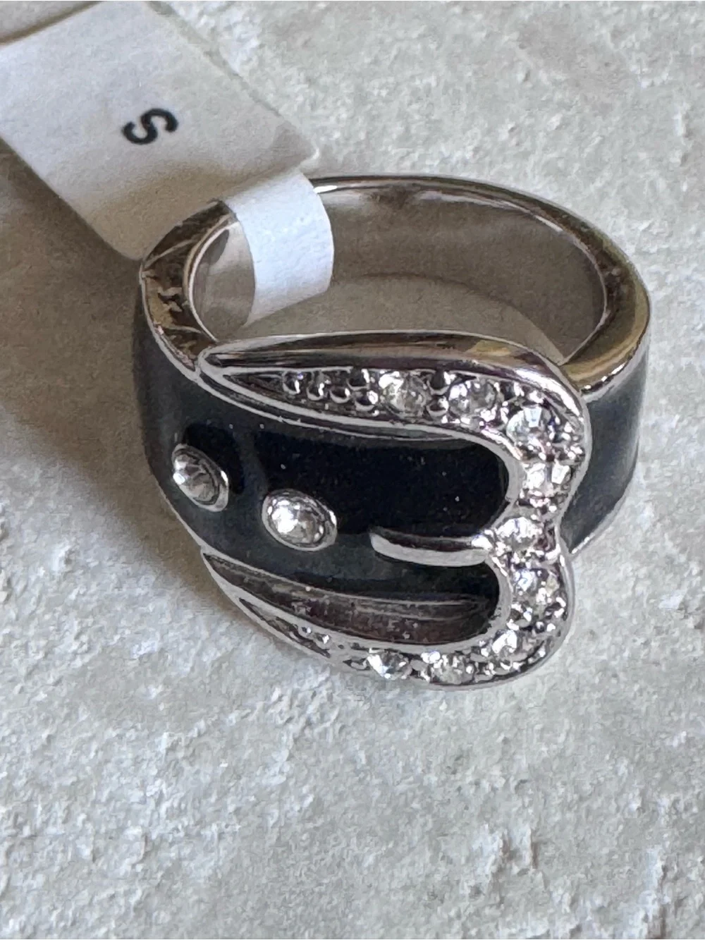 VTG Camille Lucie Buckle Ring Signed Black & Silver Tone Estate Jewelry Sz 6